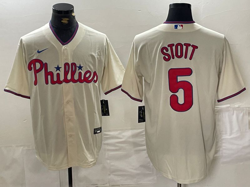 Men Philadelphia Phillies 5 Stott Cream Game Nike 2024 MLB Jersey style 1